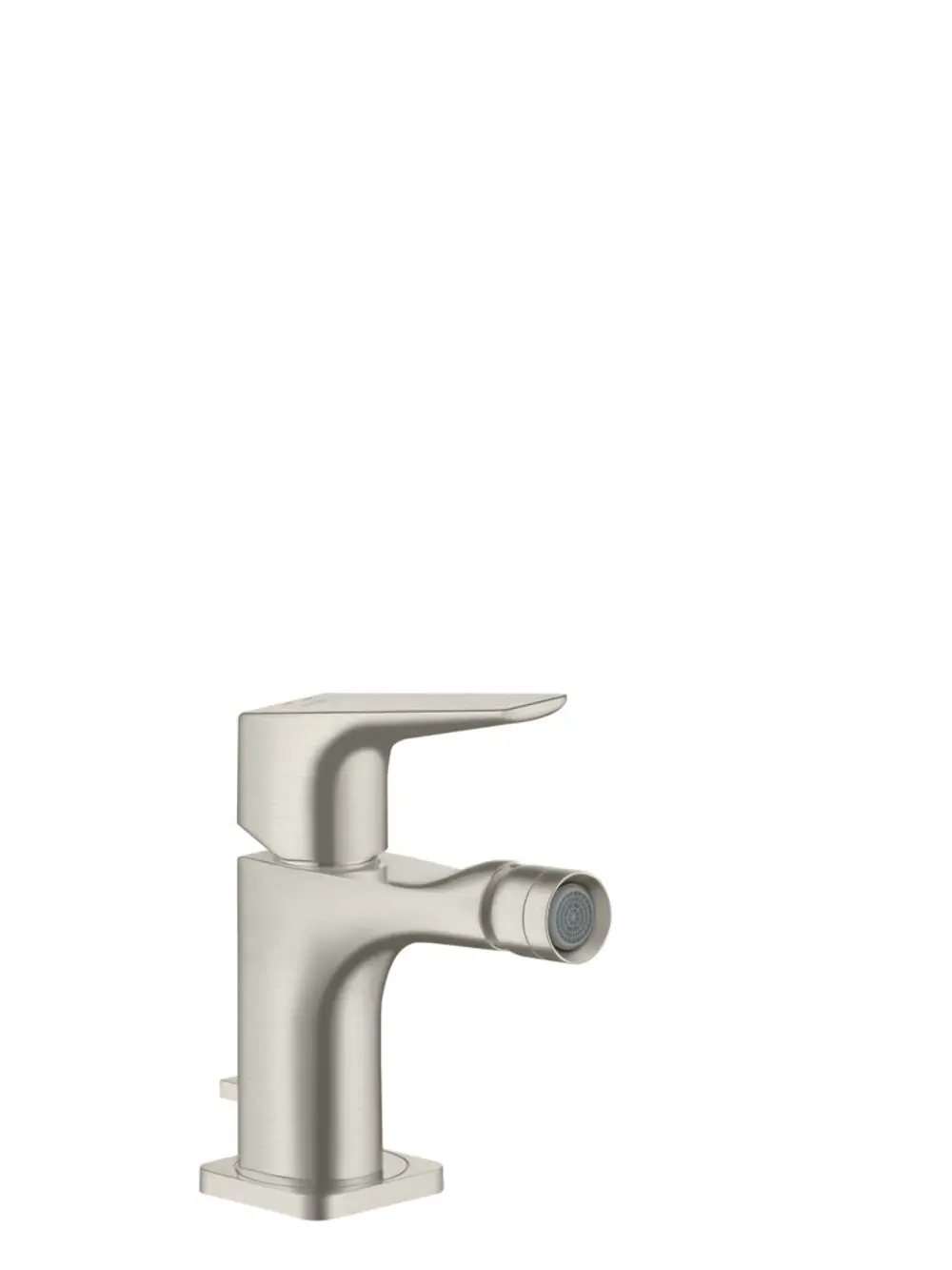 Einhebel-Bidetmischer in Edelstahl Optic von AXOR. Das Design umfasst einen flachen Hebelgriff und eine Zugstangen-Ablaufgarnitur.